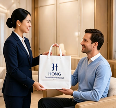 Service staff deliver preparation package to international patient in hotel room